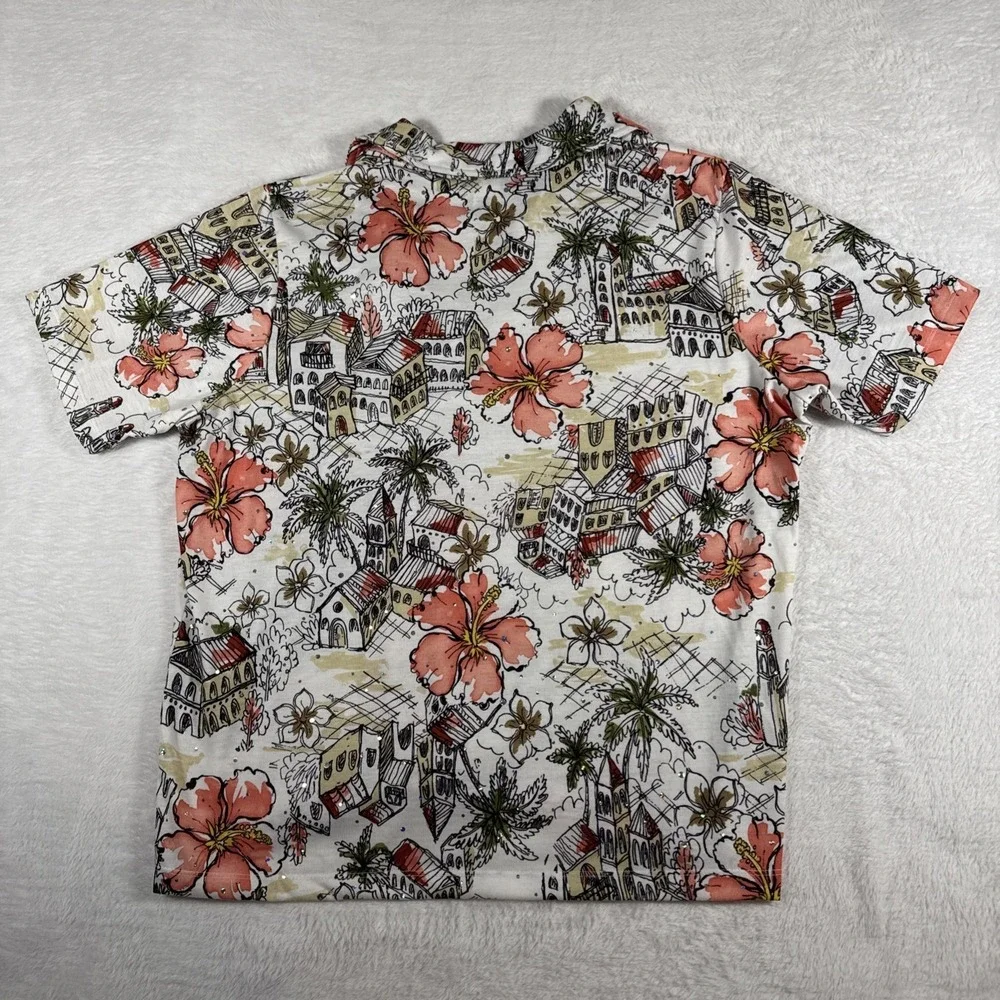 Cathy Daniels L Tropical Hibiscus Print Sparkle Embellished Stretch Top‎ - Picture 6 of 9